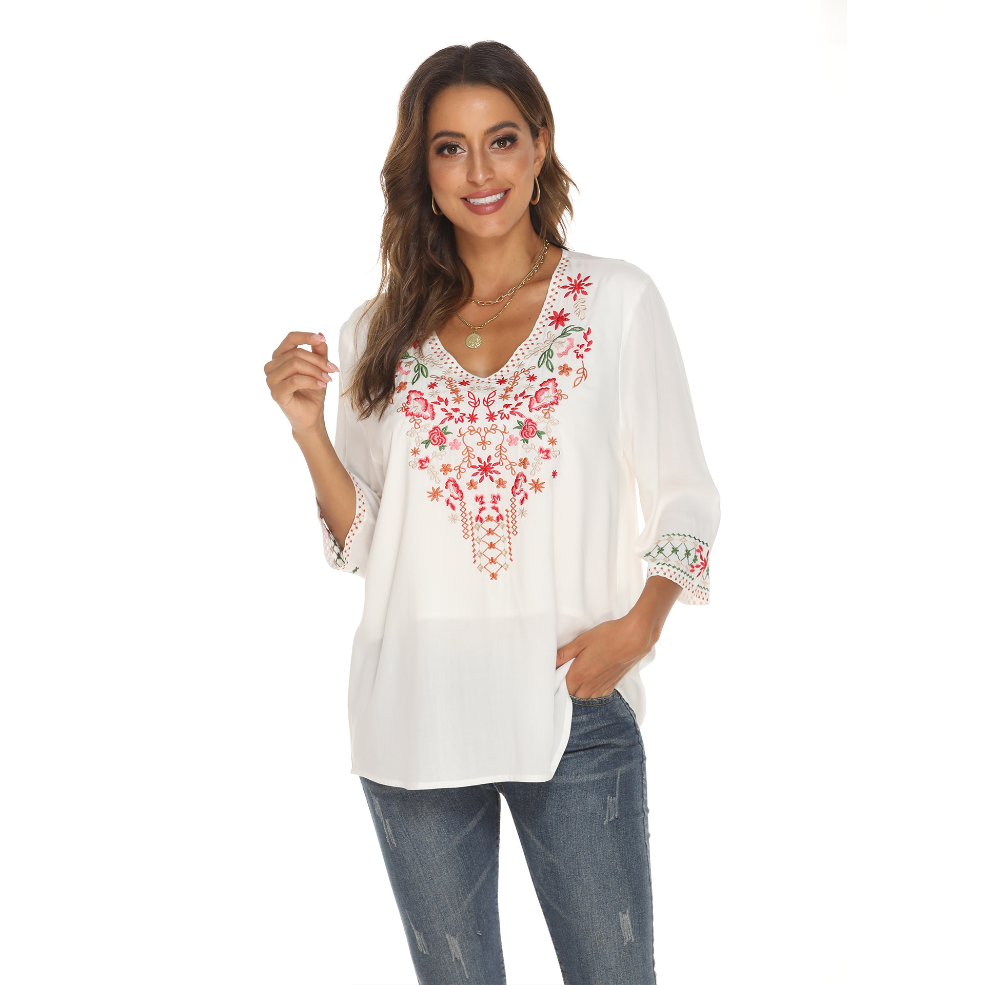 Fall Winter Women's Loose Long Sleeve Embroidered T-Shirt Top