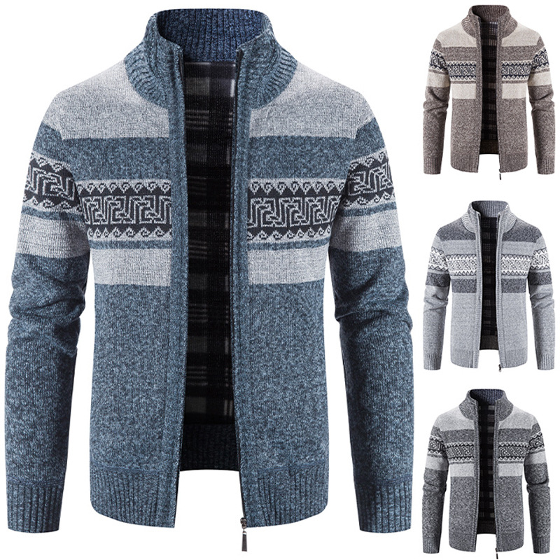 Casual Men's Hooded Color Block Printed Cardigan Knitted Cardigan Sweater Jacket