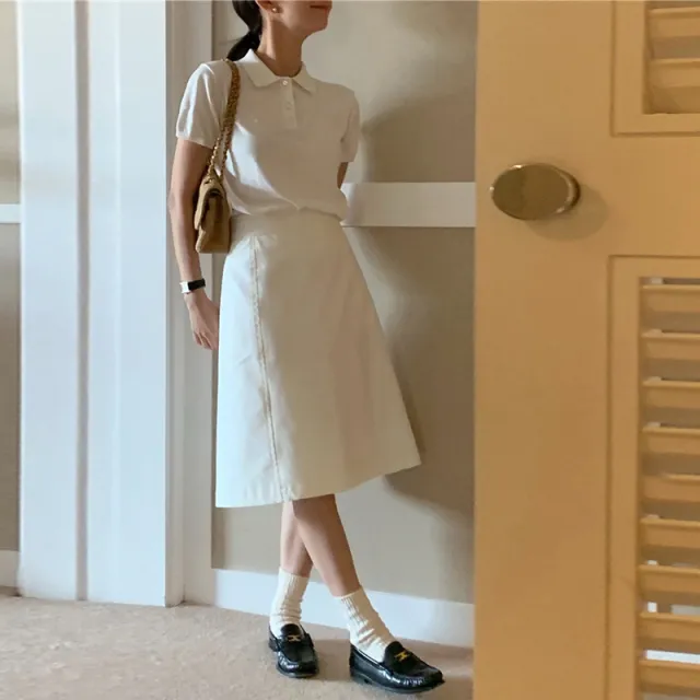 Cotton Lapel Short Sleeve High Waist Slim A Line Skirt White Skirt - Shop at LoveMi