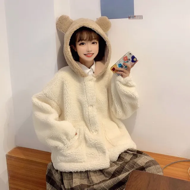 Japanese Loose Cute Bear Ear Lamb Fur Coat Women Photo Color - Shop at LoveMi