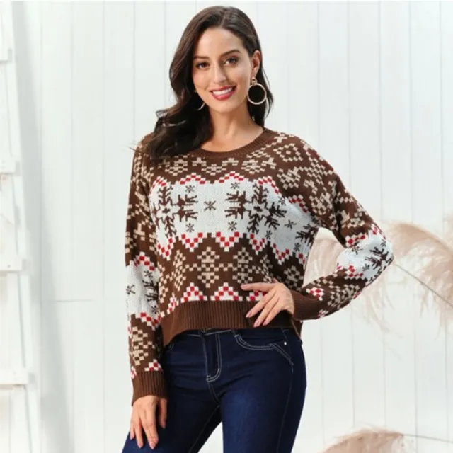 Christmas Pullover Round Neck Snowflake Sweaters Women's Clothing Coffee - Shop at LoveMi