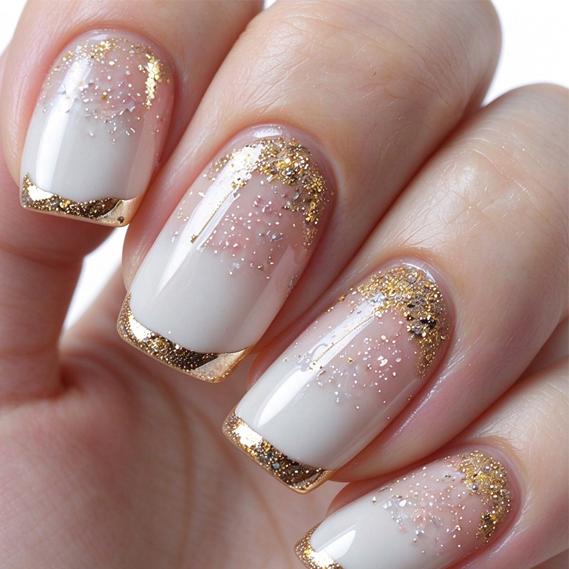 24Pcs Milky White Gold Foil False Nails, French Gold Edge Trapezoid Press On Nails With Broken Glitter, Reusable Resin Nail Art For Women