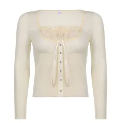 New Women's Solid Color Lace Trim Retro Sweet Square Neck T-shirt - Skin Tone-M - View 1