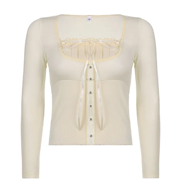 New Women's Solid Color Lace Trim Retro Sweet Square Neck T shirt Skin Tone M - Shop at LoveMi