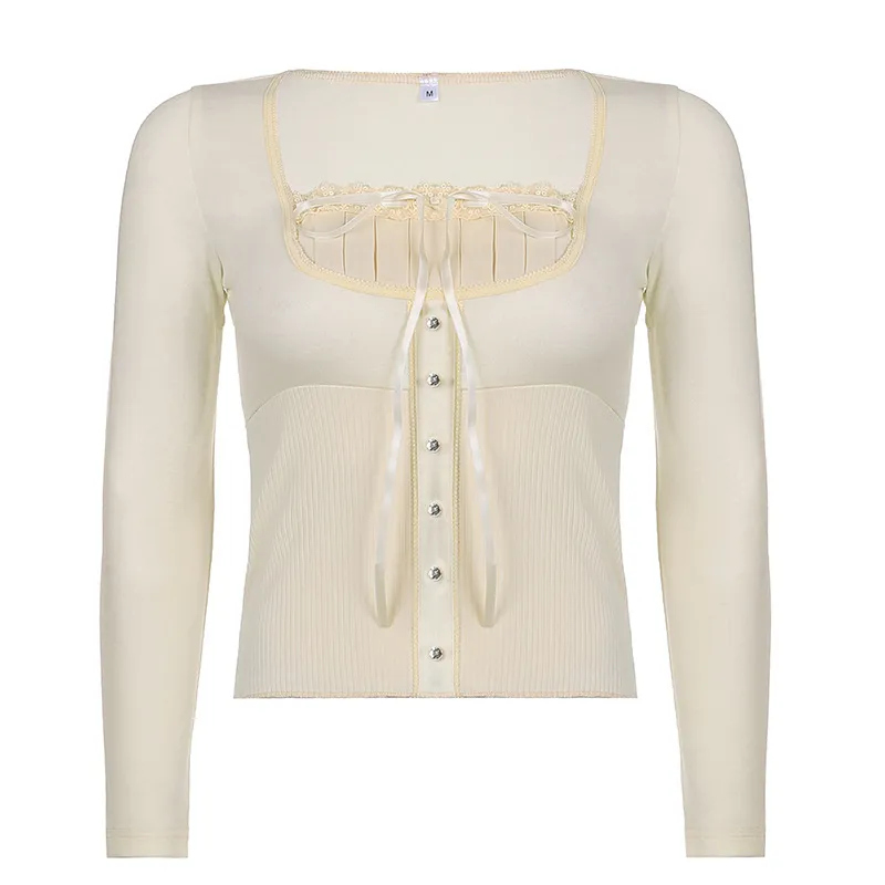 New Women's Solid Color Lace Trim Retro Sweet Square Neck T-shirt - Skin Tone-M