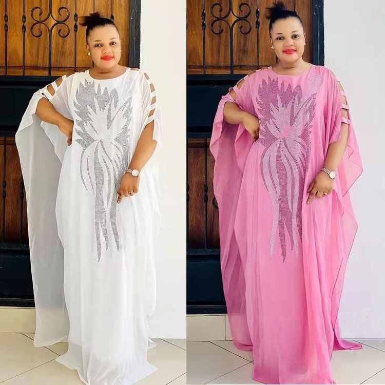 Plus Size Women's African Heavy Embroidery Hot Drilling Loose Chiffon Fake Two-piece… — image 1