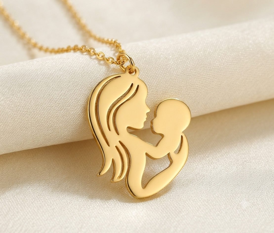 Custom Mother & Baby Necklace 24K Gold Plated Silver Gift Pendant
