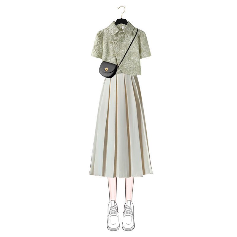 Polo Collar Short Sleeve Pleated Skirt Literary Two-piece Suit
