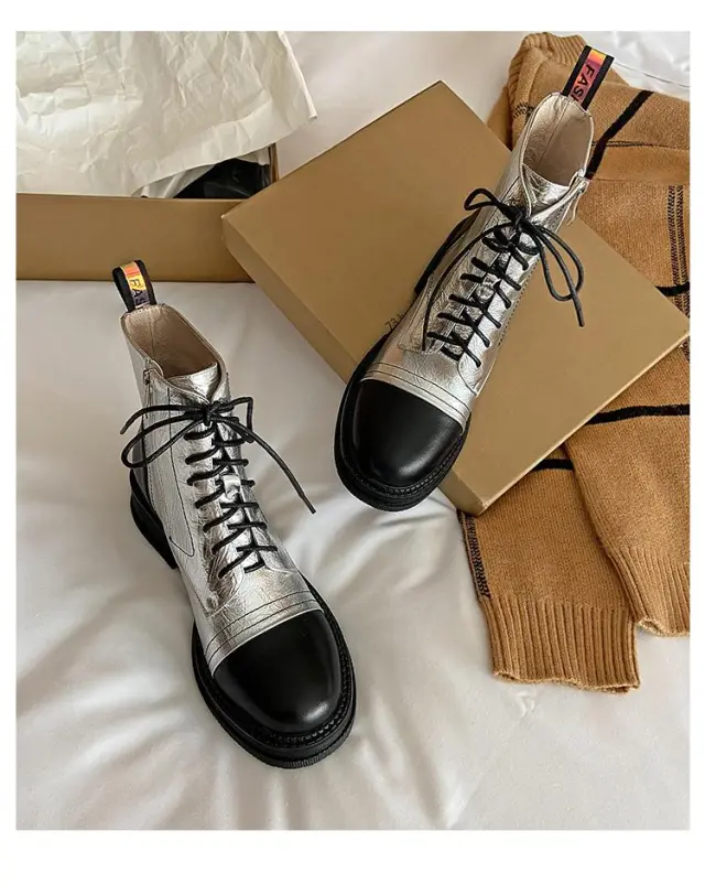 Mid heel Leather Stitching Thick Heel Ankle Boots Silver - Shop at LoveMi