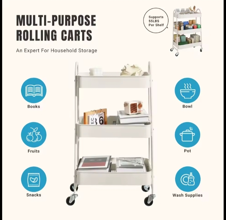 3 Tier Metal Storage Kitchen Cart With Lockable Wheels Mobile Shelving Unit Utility Rolling Organizer For Home Narrow Places 5