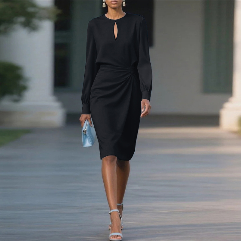 Women's Solid Color Ruffle Sleeve Bodycon Dress, Round Neck With Slit Detail Midi Dress For Spring And Summer Black - Shop at LoveMi
