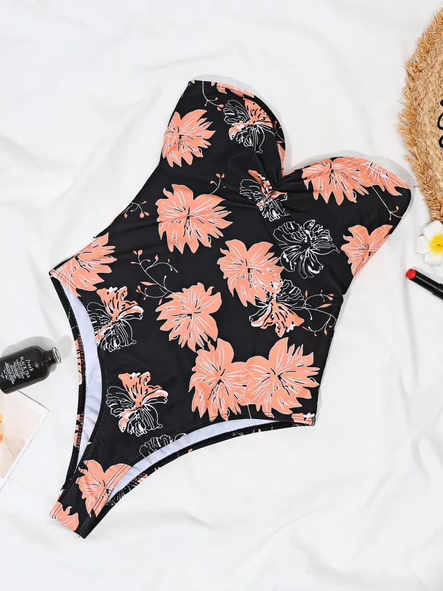 Sexy Strappy Big Flower Print One piece Swimsuit Black - Shop at LoveMi