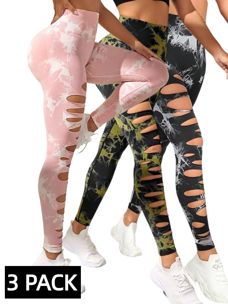 3 PACK Butt Lifting Yoga Gym Athletic Pants, Hollow Out Tummy Control Sports Leggings Tie Dye Running Pants - Image 8