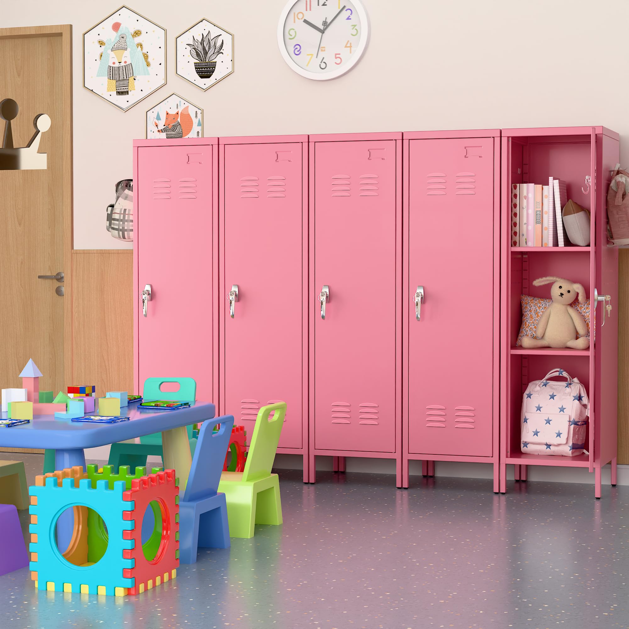 SUPEER Lockable Metal Lockers With Handle And Keys,Metal Storage Locker With 2 Pegboard & 5 Hooks For Home,Office,School,54.45inch H X 15inch W X 15inch,Pink,Required Assembly — foto 2