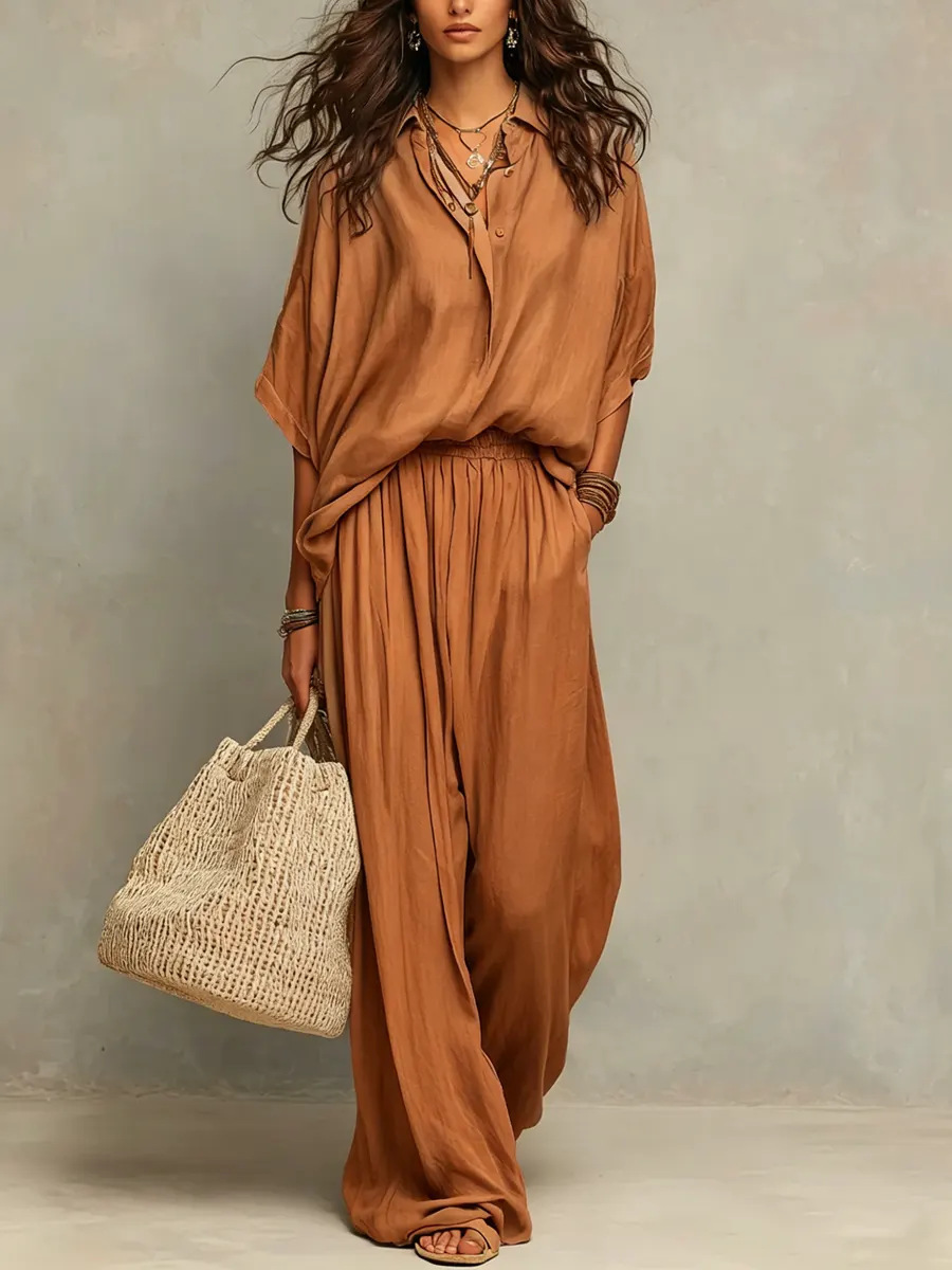 Linen Blend V-Neck Shirt & Elastic Waist Wide Leg Pants Two-Piece Set