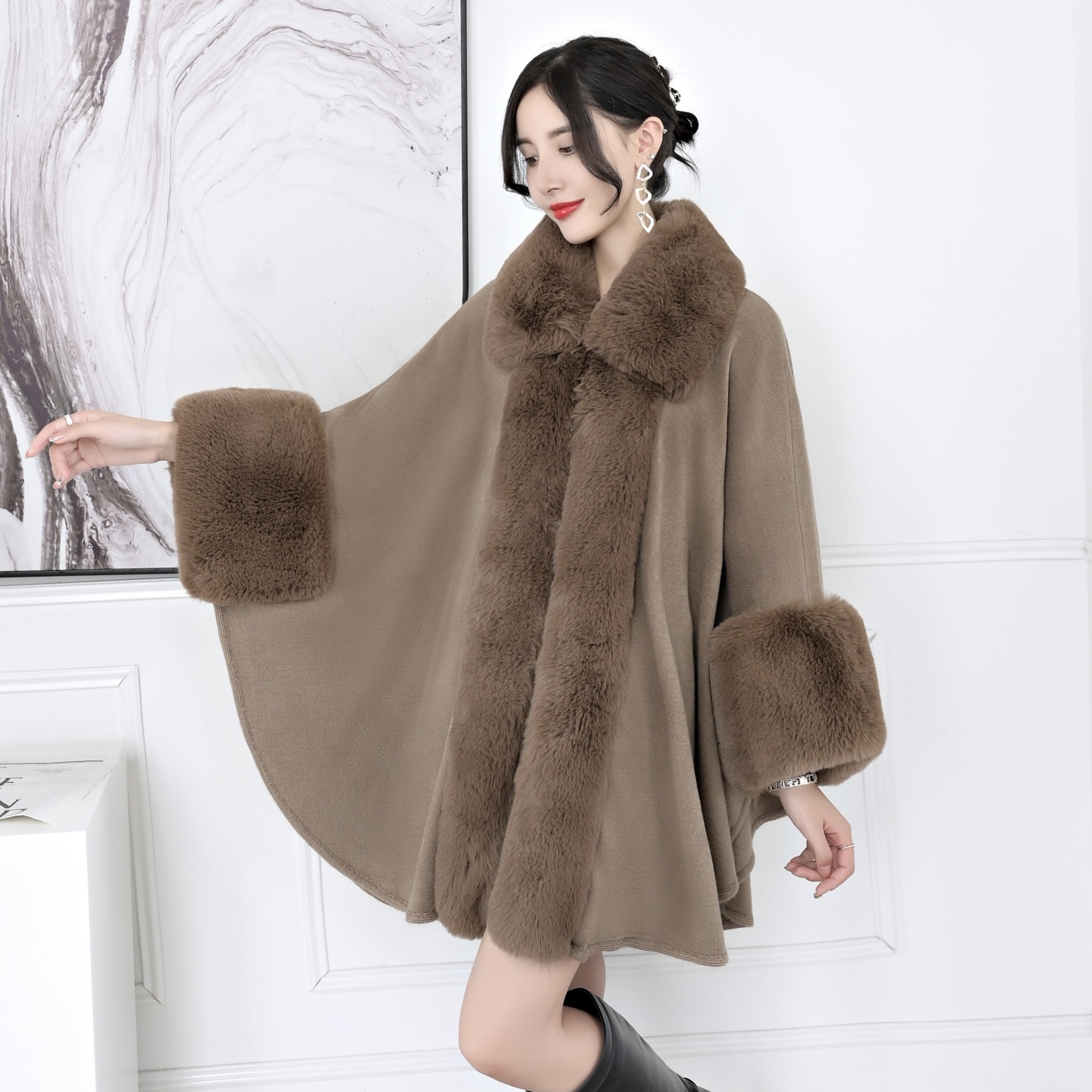 Faux Cashmere Mid-length Large Lapel Shawl Coat