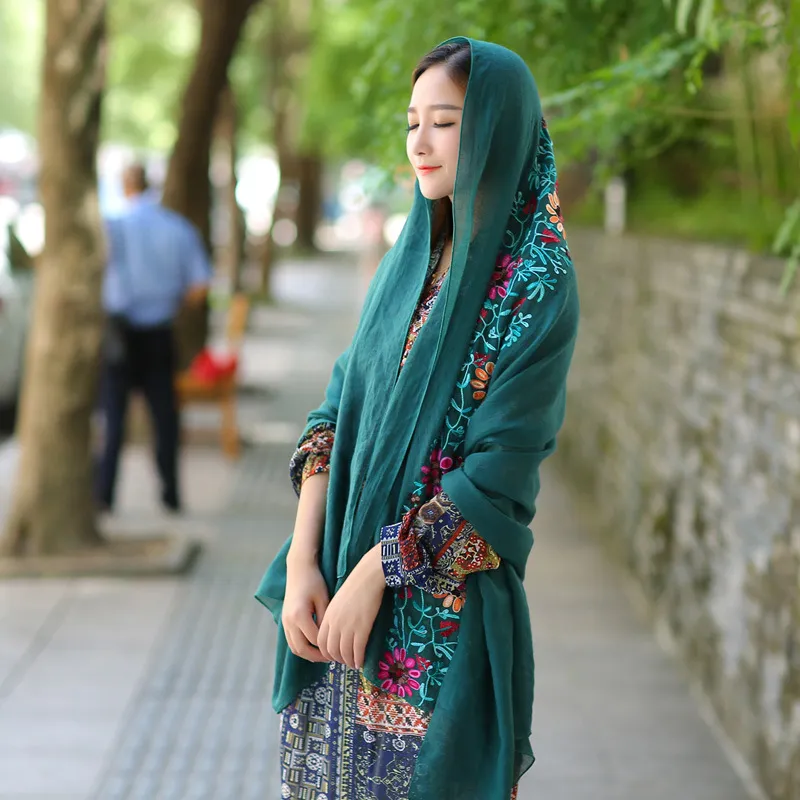 Ethnic Style Embroidered Floral Scarf Shawl Sunscreen Silk Female - Dark Green