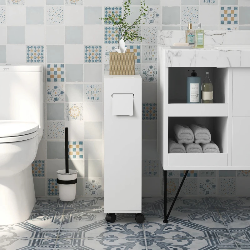Kleankin Toilet Paper Cabinet, Slim Bathroom Cabinet With 4 Rolling Wheels, Small Bathroom Storage Cabinet With Paper Holes, Sliding Doors And Adjustable Shelf For Small Space, White