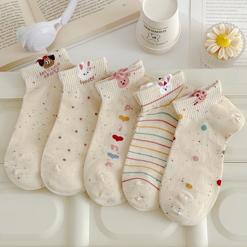 Cartoon Women's Short Socks, Spring & Summer Korean Style, Breathable, Trendy INS Style, Cute Pointelle Yarn Rabbit, Short Tube Low-Cut Invisible Socks
