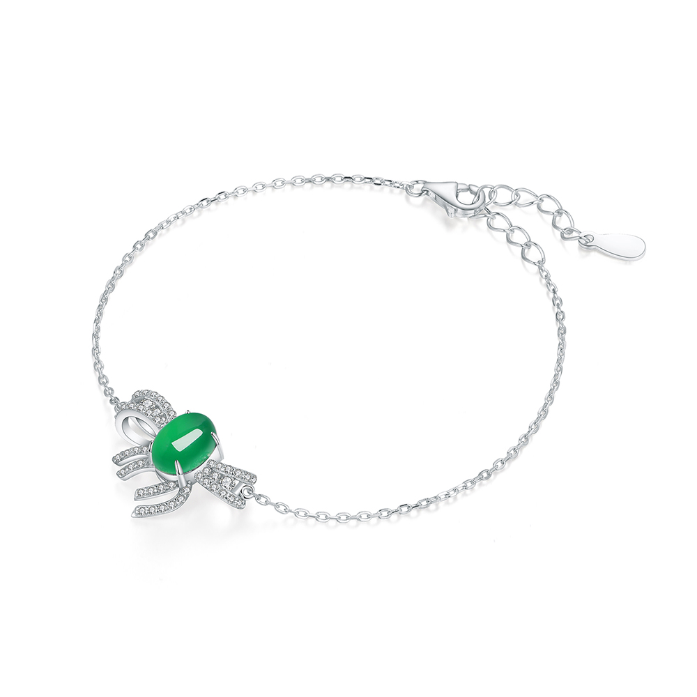 S925 Sterling Silver Bowknot Bracelet, 8x6mm Cabochon Green Chrysoprase, Platinum Plated 2.5g, 19cm Link Chain, Elegant Women's Jewelry With Gift Box