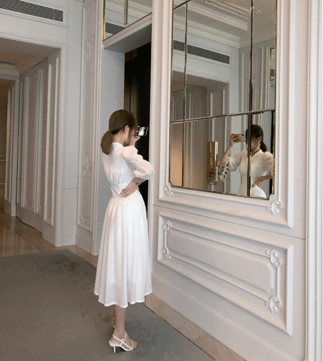 Women's V-neck High Waist Slimming Puff Sleeve Dress