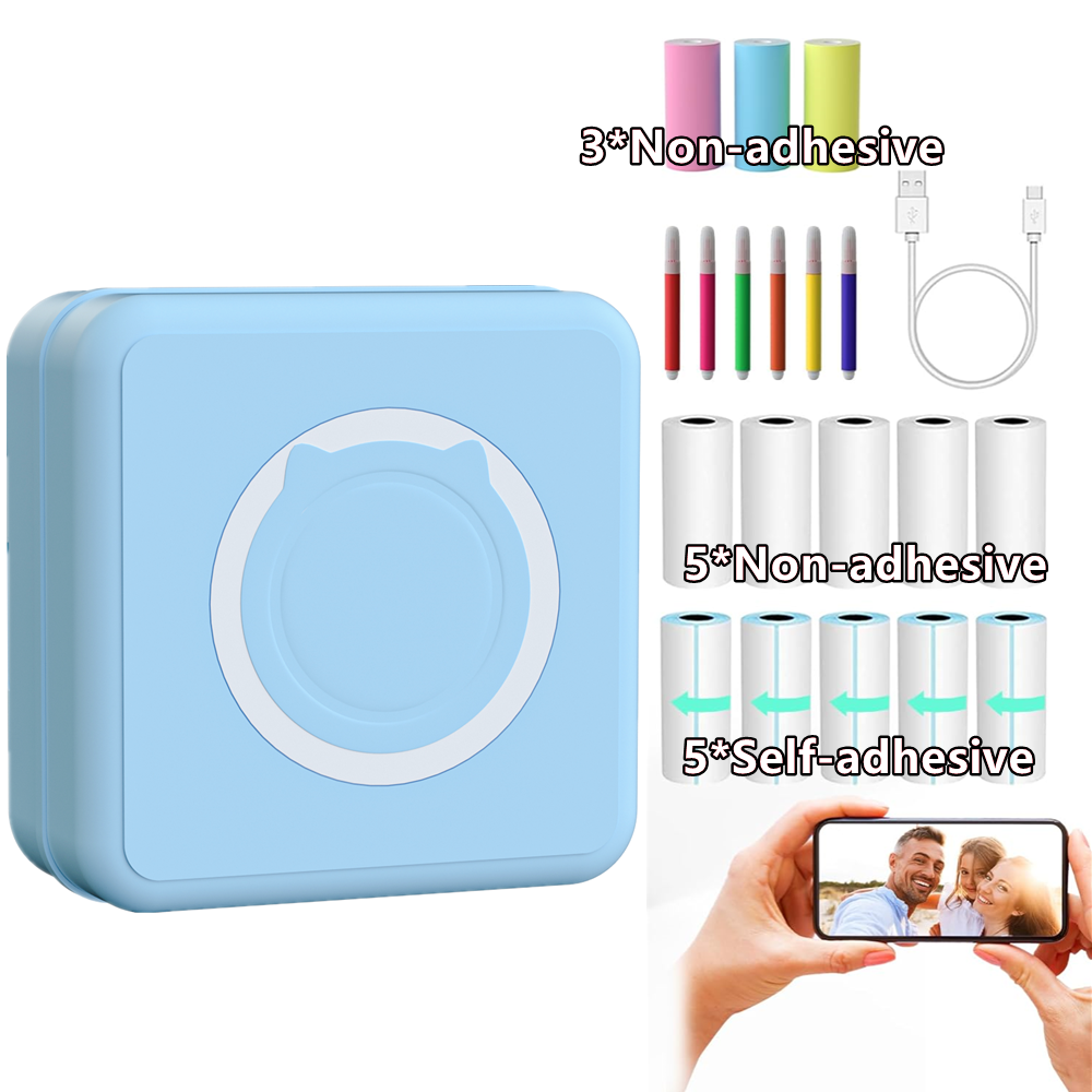 Bluetooth Inkless Mini Pocket Thermal Printer Sticker Photo Label Paper 6 Pens