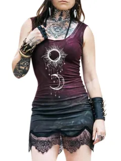 Vintage Print Lace Patchwork Dress Ladies Summer - Purple - View 1