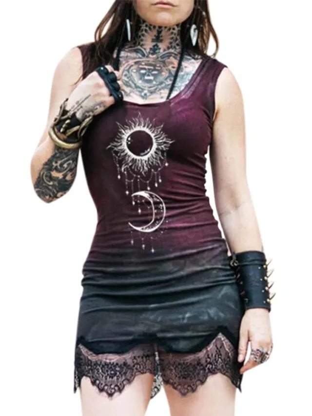 Vintage Print Lace Patchwork Dress Ladies Summer Purple - Shop at LoveMi