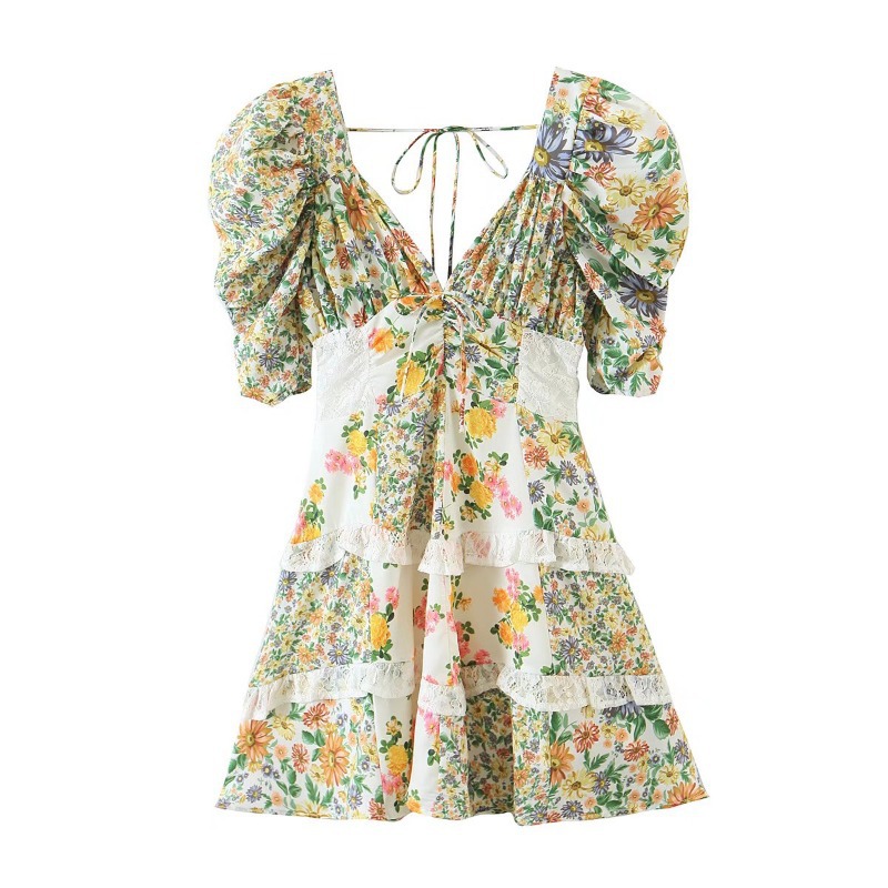 Printed Lace-paneled Open-back Lace-up Resort Dress