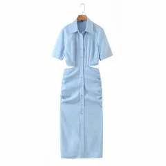 European And American Style Solid Color Back Hollow Short-sleeved Dress - Blue - View 1