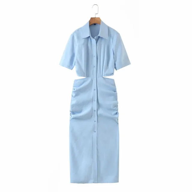 European And American Style Solid Color Back Hollow Short sleeved Dress Blue - Shop at LoveMi