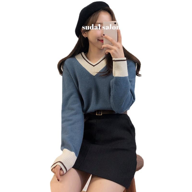 Striped Contrast V-Neck Bottom Knit Long Sleeve Sweater