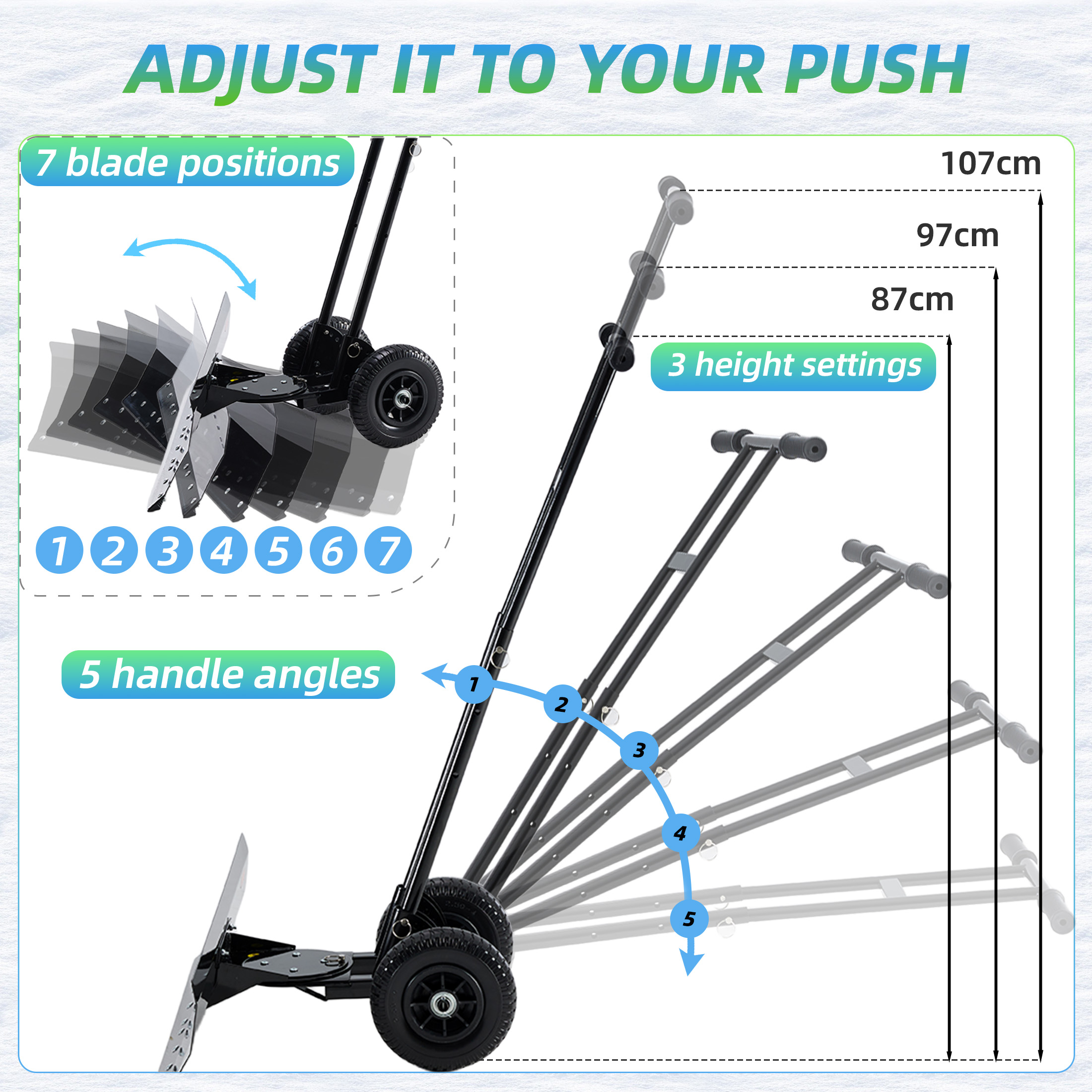 Adjustable Wheeled Snow Pusher, Q235 Carbon Steel Snow Removal Tool For Yard & Driveway image 2