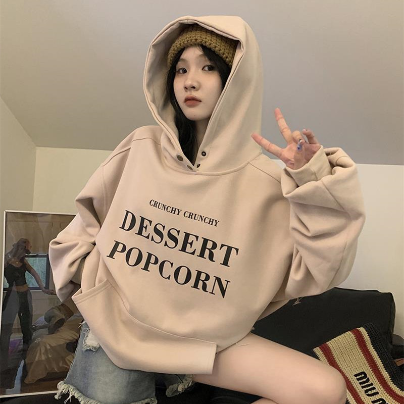 American Retro Letter Print Hooded Sweater Loose