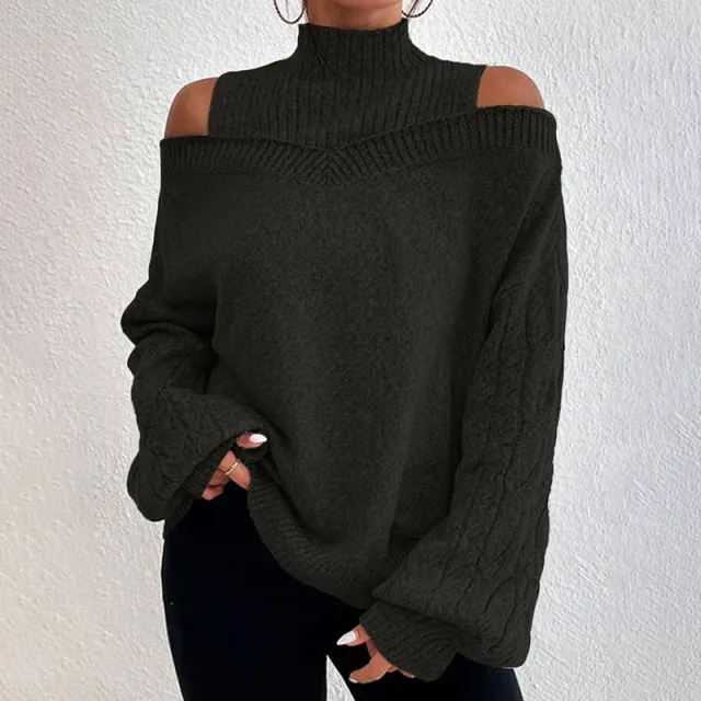 Women's Cold Shoulder Sweater Sexy High Neck Cut Out Pullover Long Sleeve Top Black - Shop at LoveMi