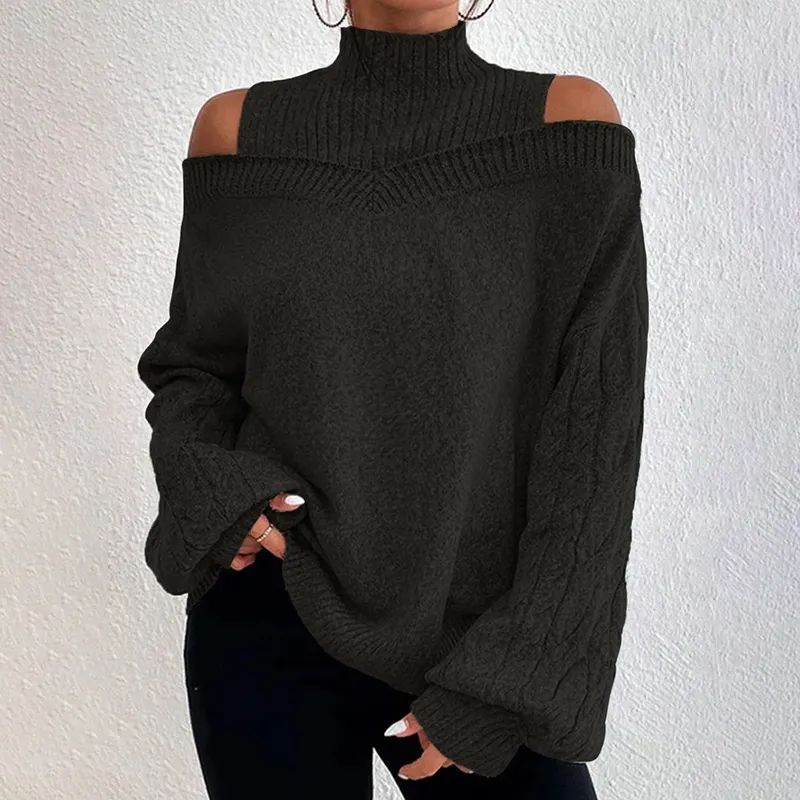Women's Cold Shoulder Sweater - Sexy High Neck Cut Out Pullover Long Sleeve Top - Black