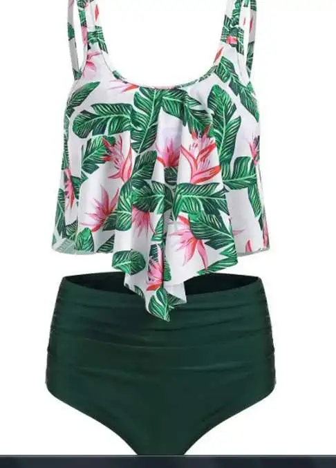 Bikini High Waist Lotus Leaf Print Swimsuit Striped Split - 14 Style-2Xl