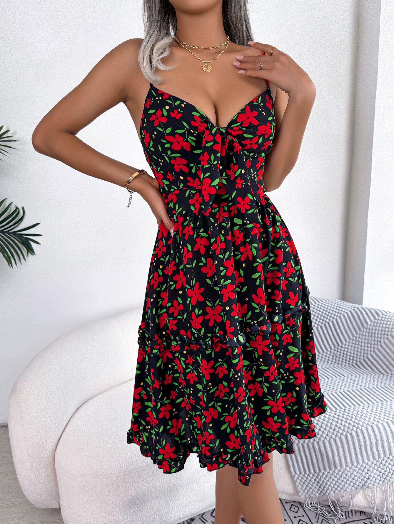 Women's Casual Floral Print Bow Ruffle Trim Camisole Dress