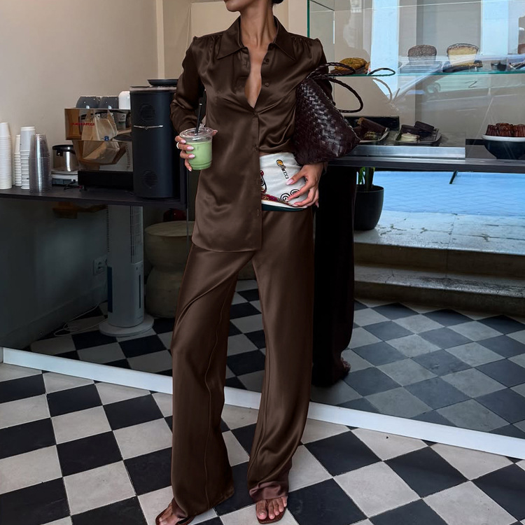 Casual Collared Long-sleeved Cardigan Top And Wide-leg Pants Two-piece Set