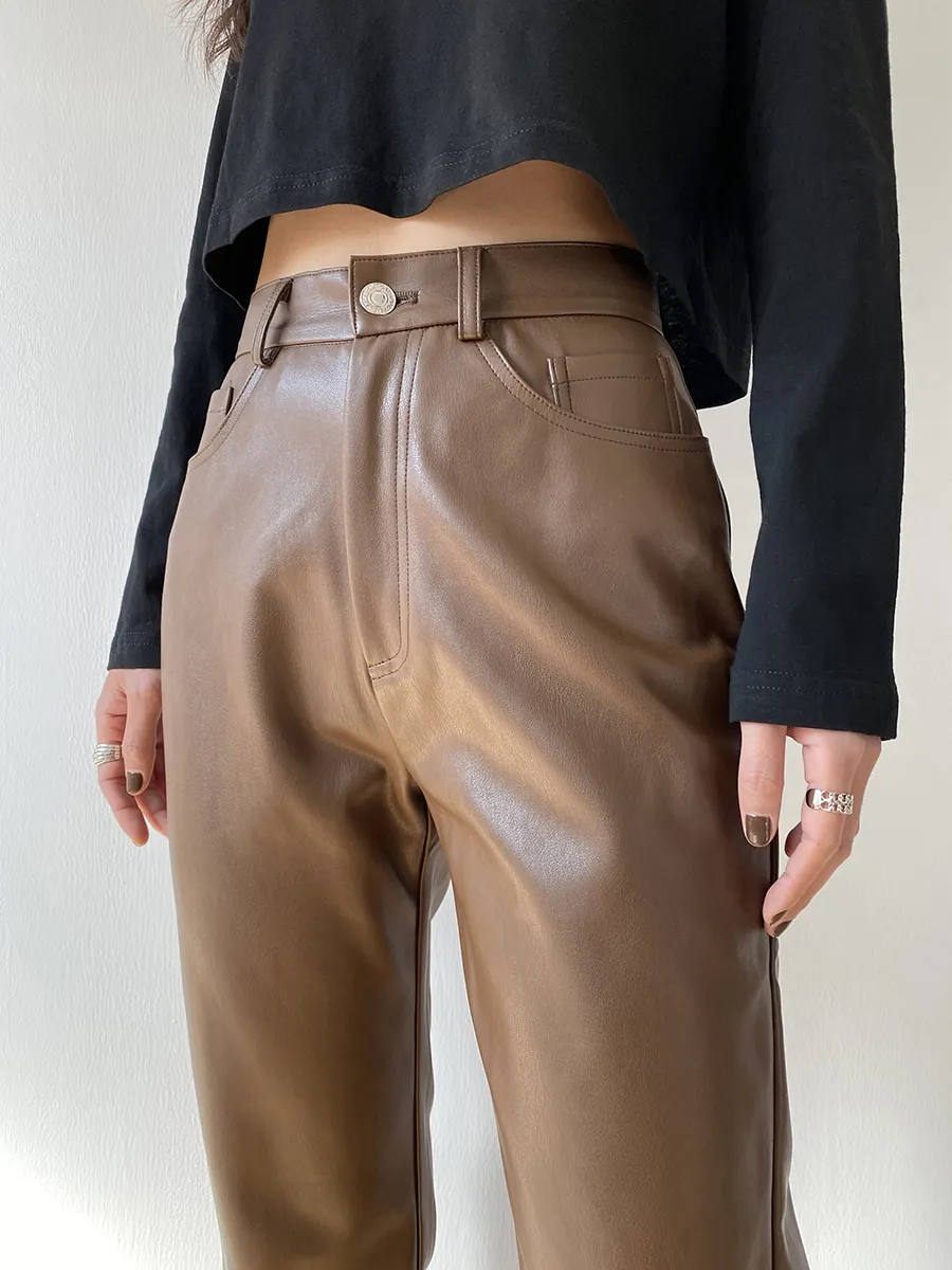 Brown PU Leather High Waist Slim Fit Bag Hips Slimming Plus Cashmere Straight Leg Leather Pants - Brown