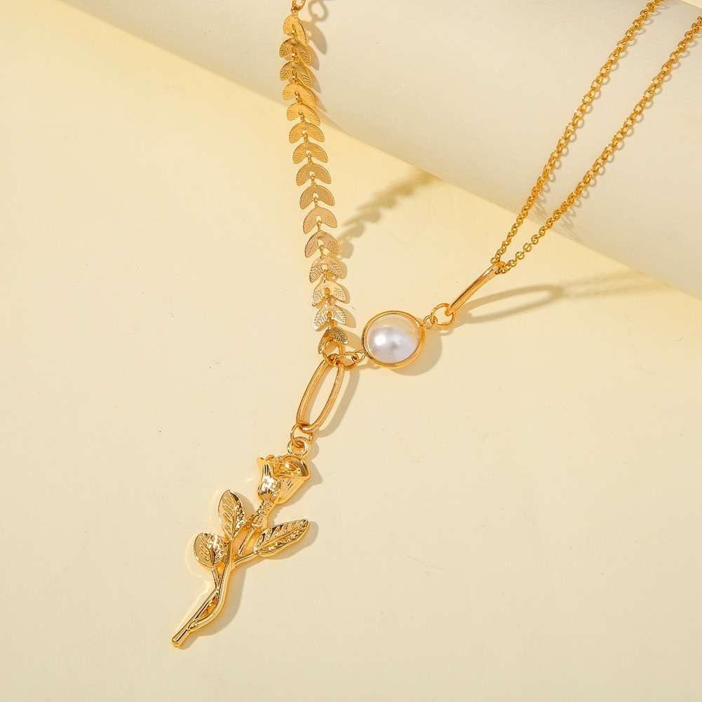 Title 5, Rose flower pendant wheat ear chain pearl short...