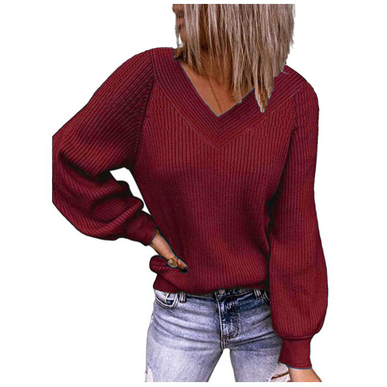 Title 5, Autumn And Winter Solid Color Loose V-neck Pull...