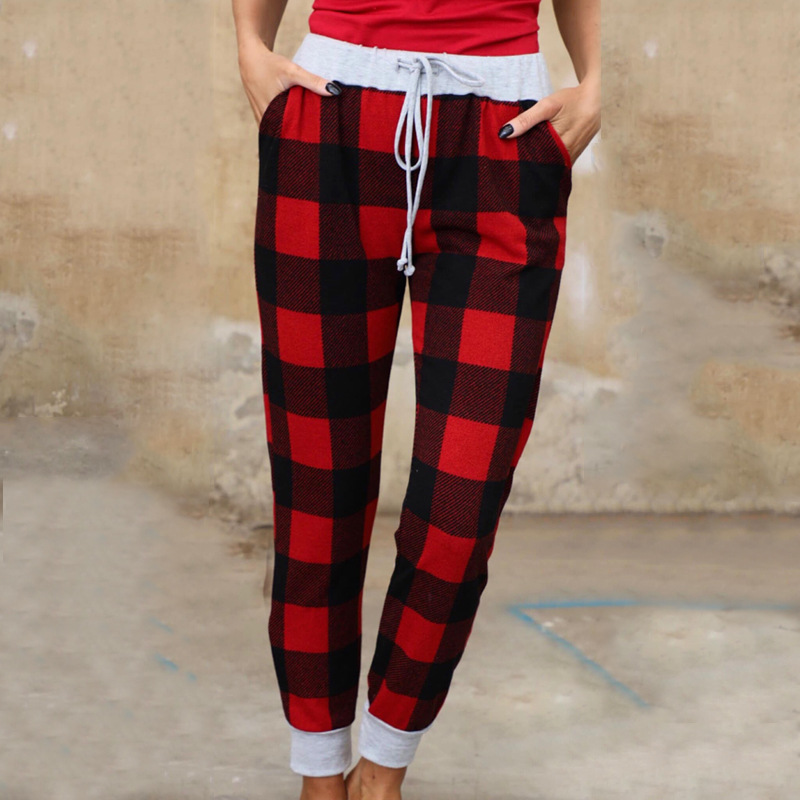 Christmas Print Plaid Lace-Up Slacks
