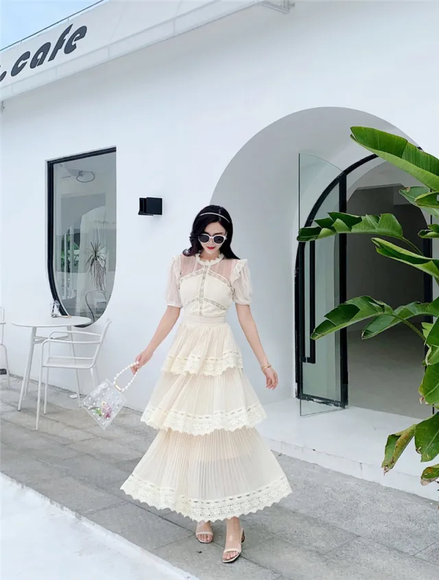 French Short sleeved Cake Skirt Long Dress - Shop at LoveMi