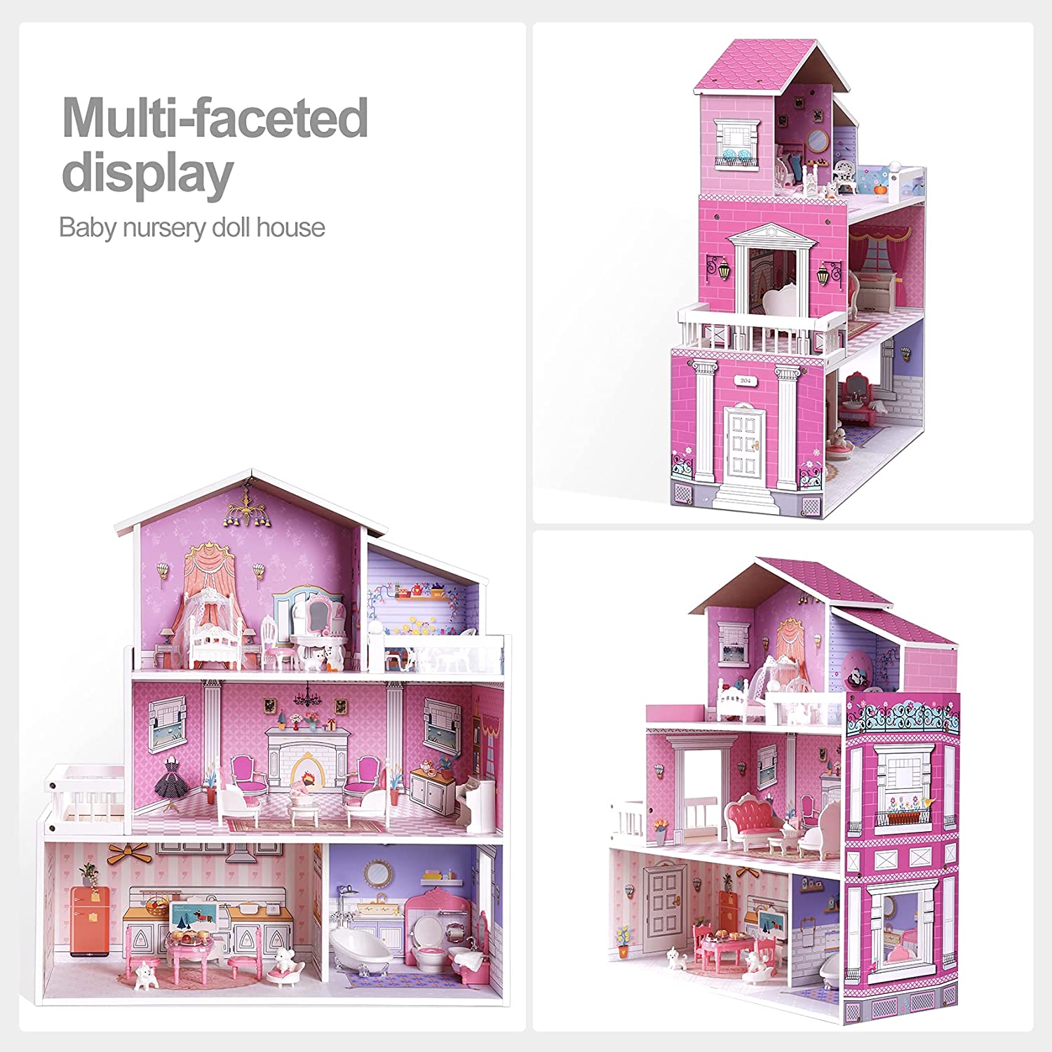 Wooden Dollhouse with Furniture for Girls Material: Wood (MDF) Size: 23.7 x 9.4 x 27.8 inches Item Weight: 16.3 Pounds Recommended Age: 8+