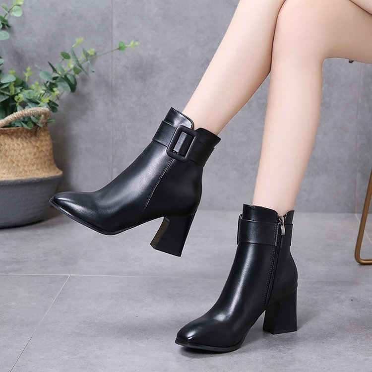 Toe Thick Heel High Heel Belt Buckle Fashion White Martin Boots