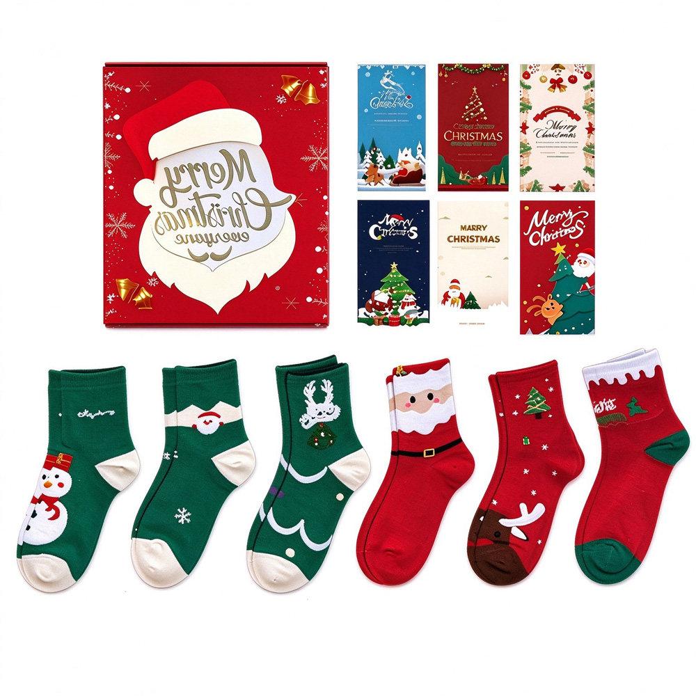 6 Pairs Christmas Crew Socks, Cute Xmas Pattern Cotton Socks, Soft Breathable Holiday Socks Gift Set For Boys Girls