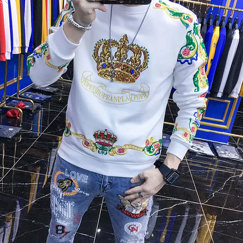 Men's Loose Long-sleeved Shirt Trend Heavy Embroidery Crown Sweater