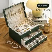 Large Capacity Jewelry Box Leather Three-Tier Drawer Accessories Storage Box Gold Jewelry Necklace Earring Bracelet Storage Box - Green - View 1