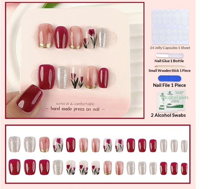 30-piece Short Square Fake Nails In Wine Red Tulip Gold-plated French Design Nail Set.Suitable For Women And Girls.Long Press The Nails.
